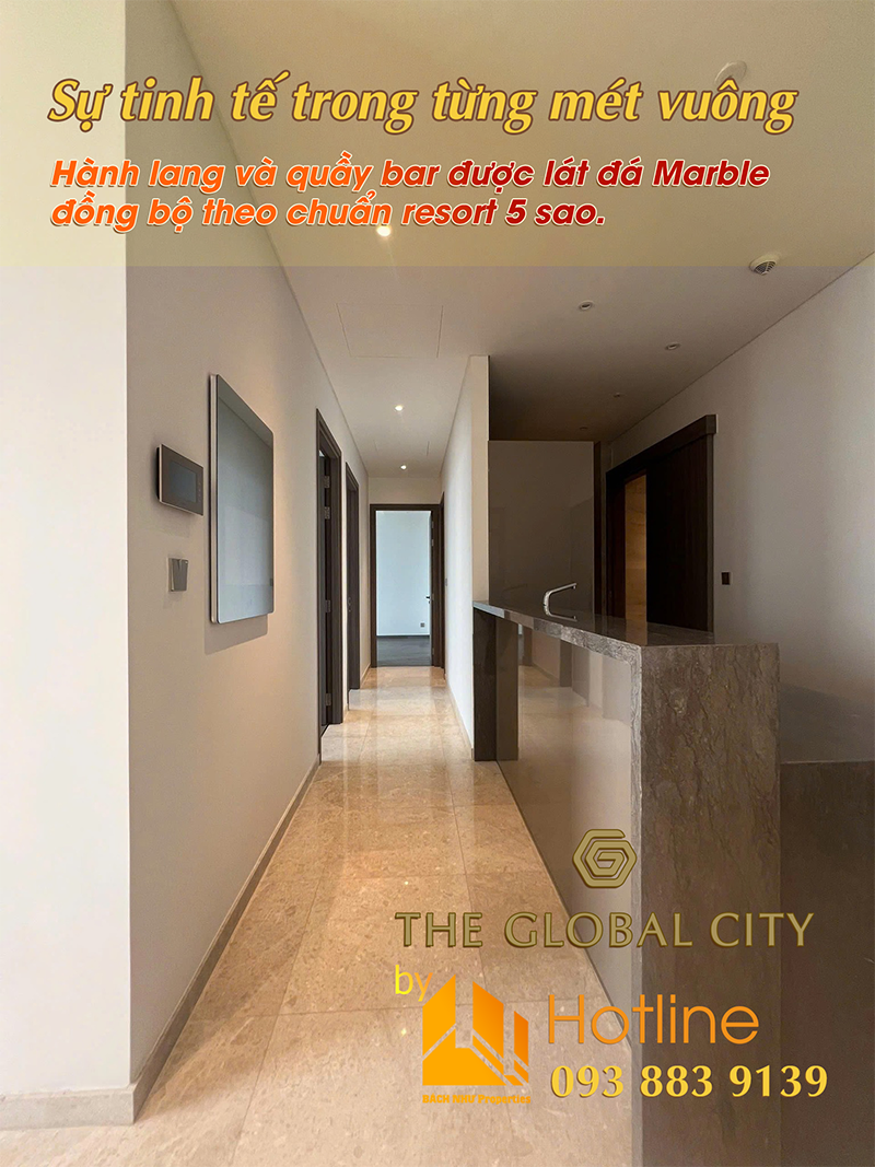 Sự tinh tế trong từng mét vuông Hành lang và quầy bar được lát đá Marble đồng bộ theo chuẩn resort 5 sao - Bách Như Properties